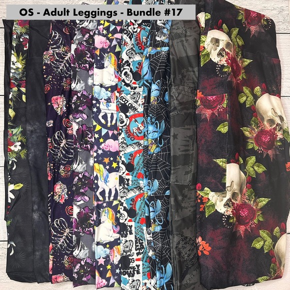 Pants - Adult OS Leggings Bundle #17 9 pair Skull Unicorn Floral Tie Dye Fun Prints